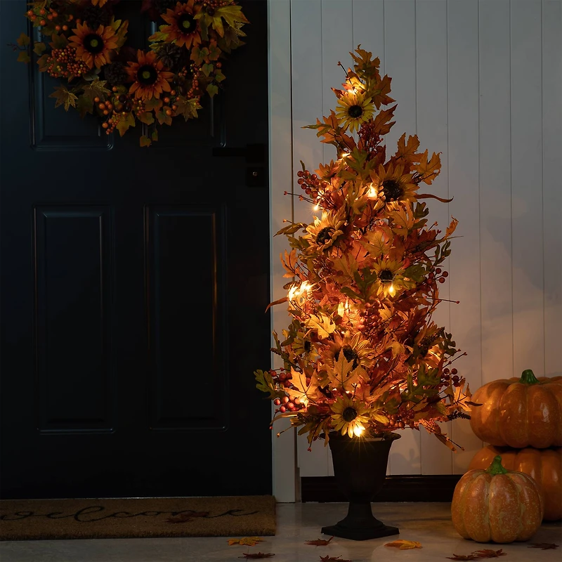 Glitzhome® 48" Fall Lighted Maple Leaf & Sunflower Urn Porch Tree with Timer