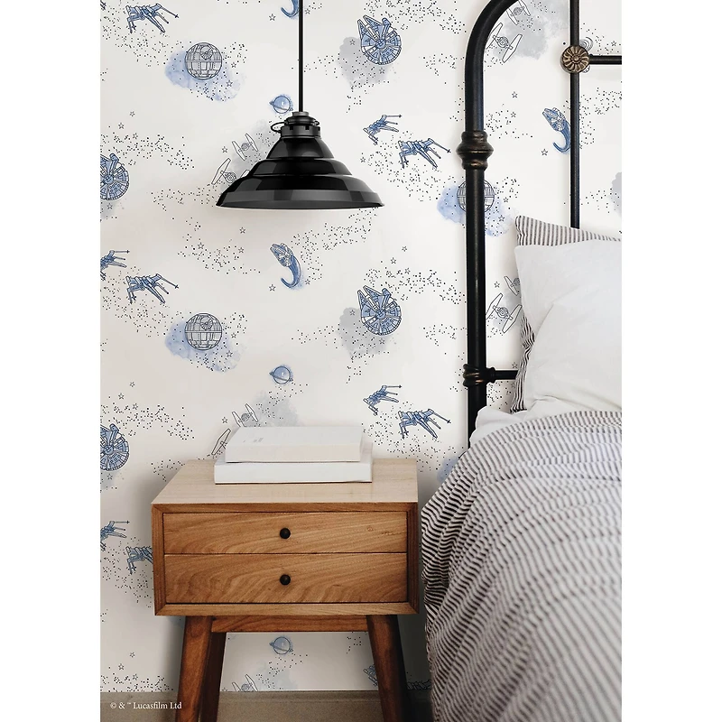 RoomMates STAR WARS Good Night Galaxy Blue and white STAR WARS™ Peel and Stick Wallpaper 20.5" x 18-ft roll covers about 30.8 sq. ft