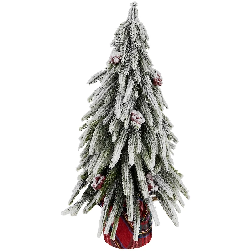 14" Unlit Mini Flocked Downswept Pine with Berries Artificial Christmas Tree