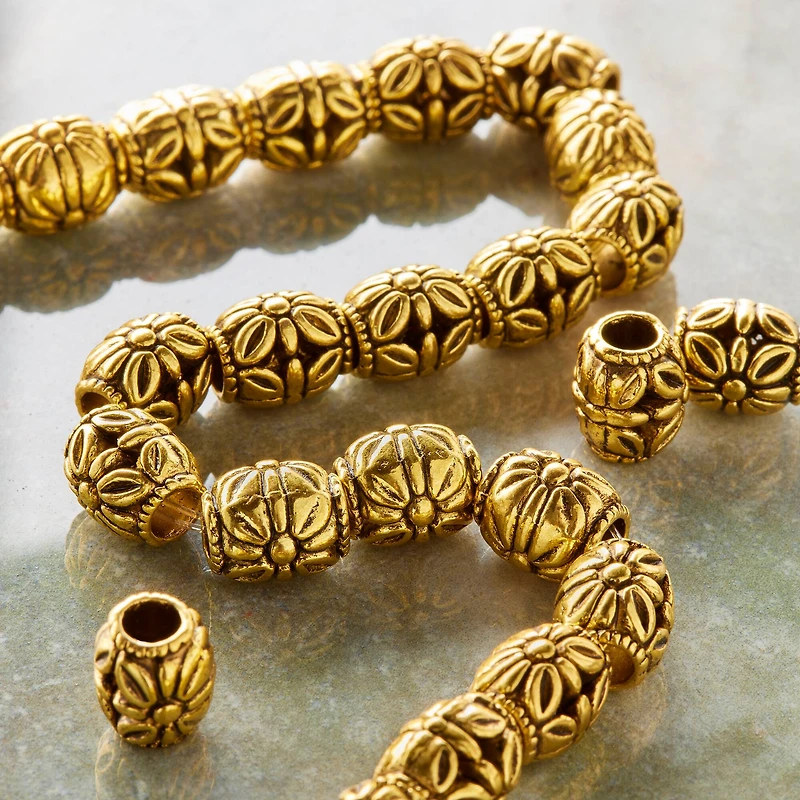 12 Pack:  Gold Carved Flower Tube Beads, 10mm by Bead Landing™