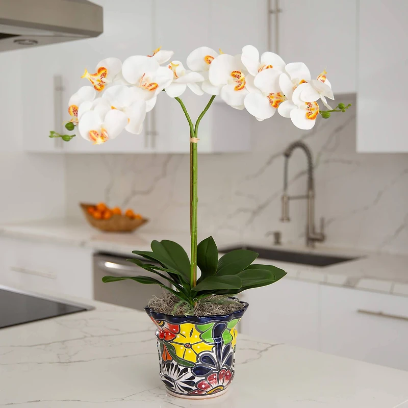 2ft. Artificial Double Orchid Arrangement in Handmade Mexican Talavera Ceramic Planter