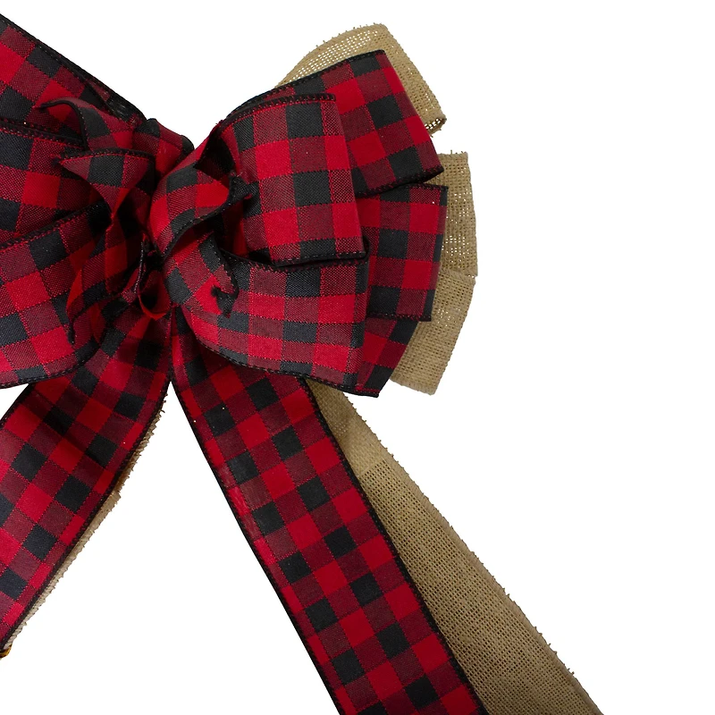 48" x 10" Burlap and Buffalo Plaid 16 Loop Christmas Bow Decoration