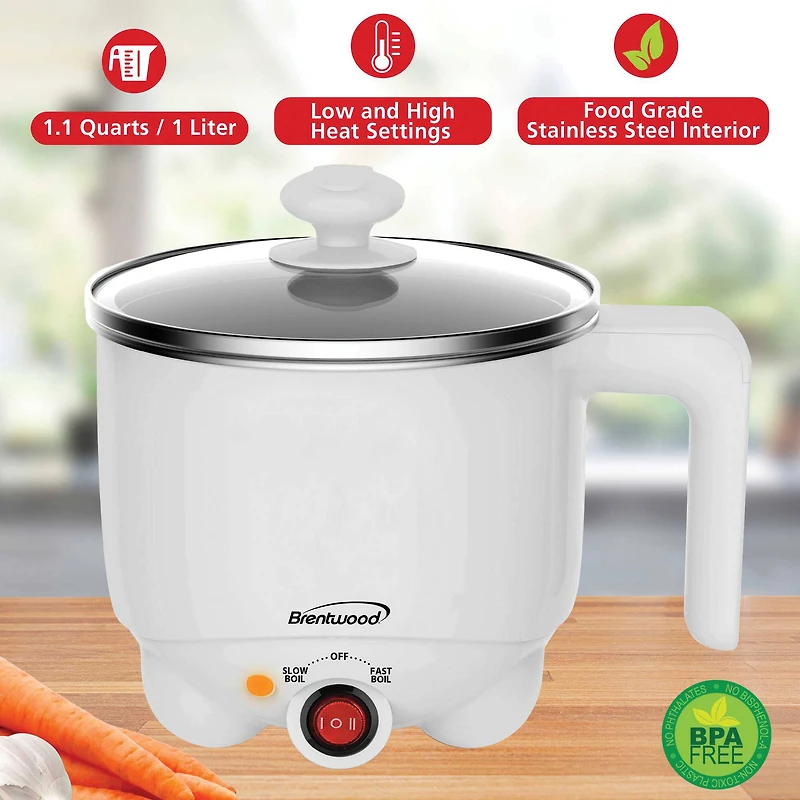 Brentwood White 1.1qt. 400 Watt Stainless Steel Electric Hot Pot Cooker & Food Steamer