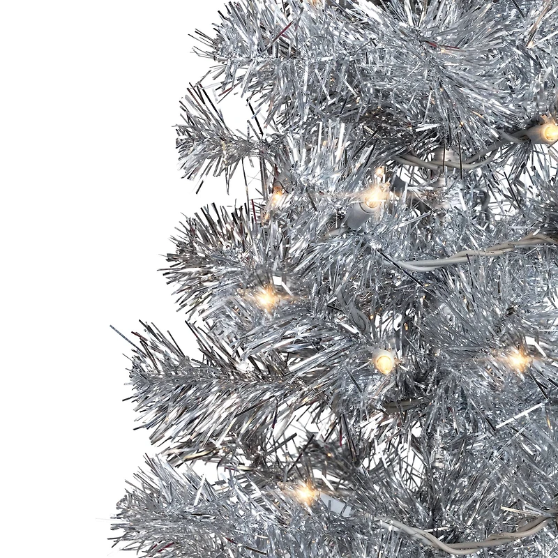 7ft. Pre-Lit Silver Artificial Tinsel Christmas Tree, Clear Lights