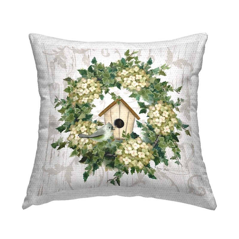 Stupell Industries Spring Birdhouse Green Wreath Printed Outdoor Pillow