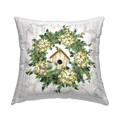 Stupell Industries Spring Birdhouse Green Wreath Printed Outdoor Pillow