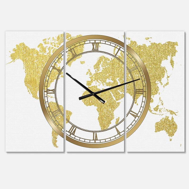 Designart Golden Map Of The Earth Fashion 3 Panel Large Wall Clock