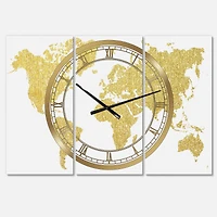 Designart Golden Map Of The Earth Fashion 3 Panel Large Wall Clock