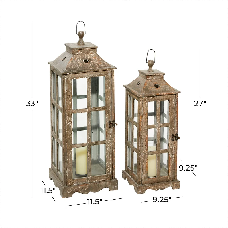Set of 2" Brown Wood Rustic Lantern, 33", 27"