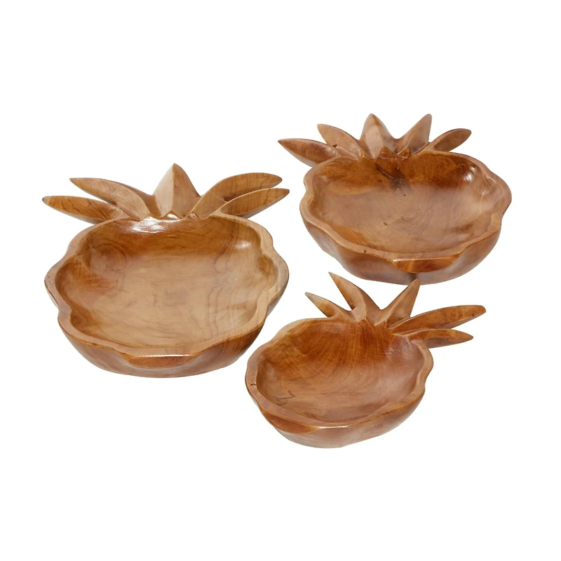 Natural Brown Pineapple Teak Wood Bowl Set