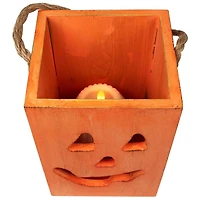 6" Orange Wood Jack-O-Lantern Halloween Candle Lantern
