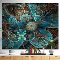 Designart - Fractal Blue Flowers - Floral Art Print on Natural Pine Wood