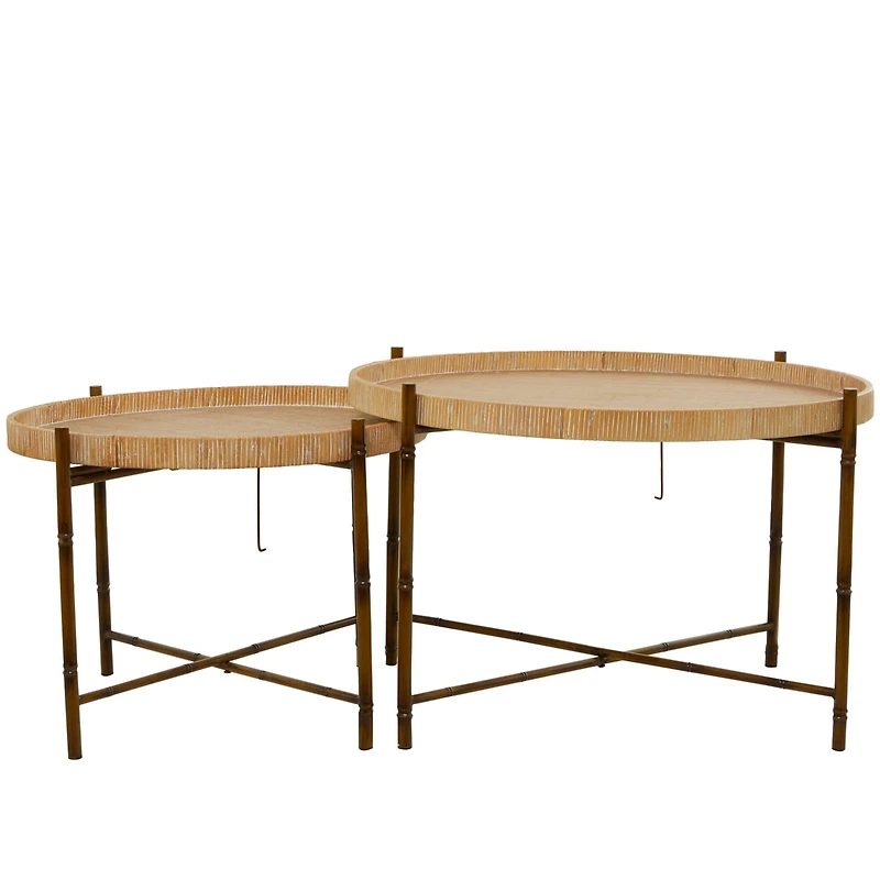 Brown Rattan Nesting Accent Table with Metal Bamboo Inspired Legs Set of 2 20", 18"