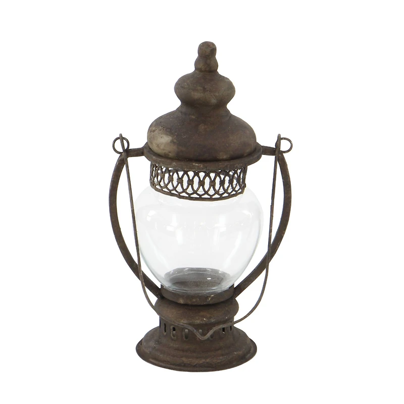 14" Brown Iron Rustic Candle Holder Lantern