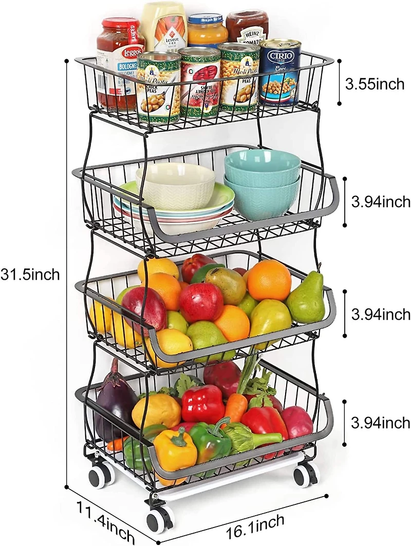 Black 4-Tier Fruit Storage Basket Rolling Cart