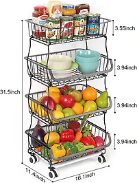 Black 4-Tier Fruit Storage Basket Rolling Cart