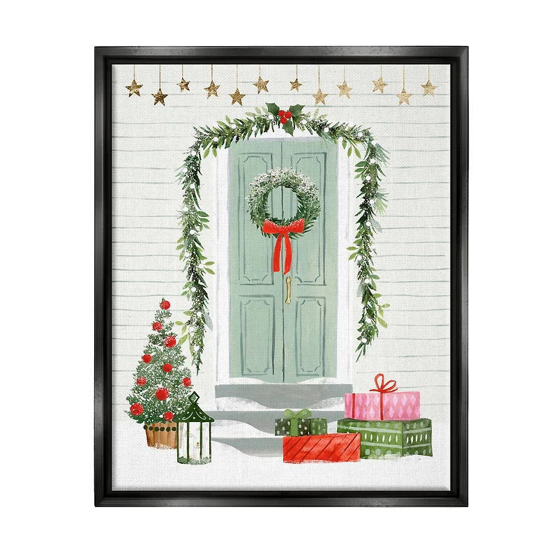 Stupell Industries Christmas Presents Wreath Doorstep Framed Floater Canvas Wall Art