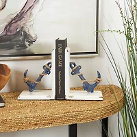 8" Blue Wood Anchor Distressed Bookends with Rope Accents & White Wood Stands Set