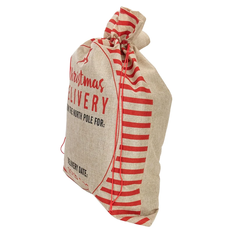 27" Beige & Red Striped Christmas Delivery Tie Gift Bag