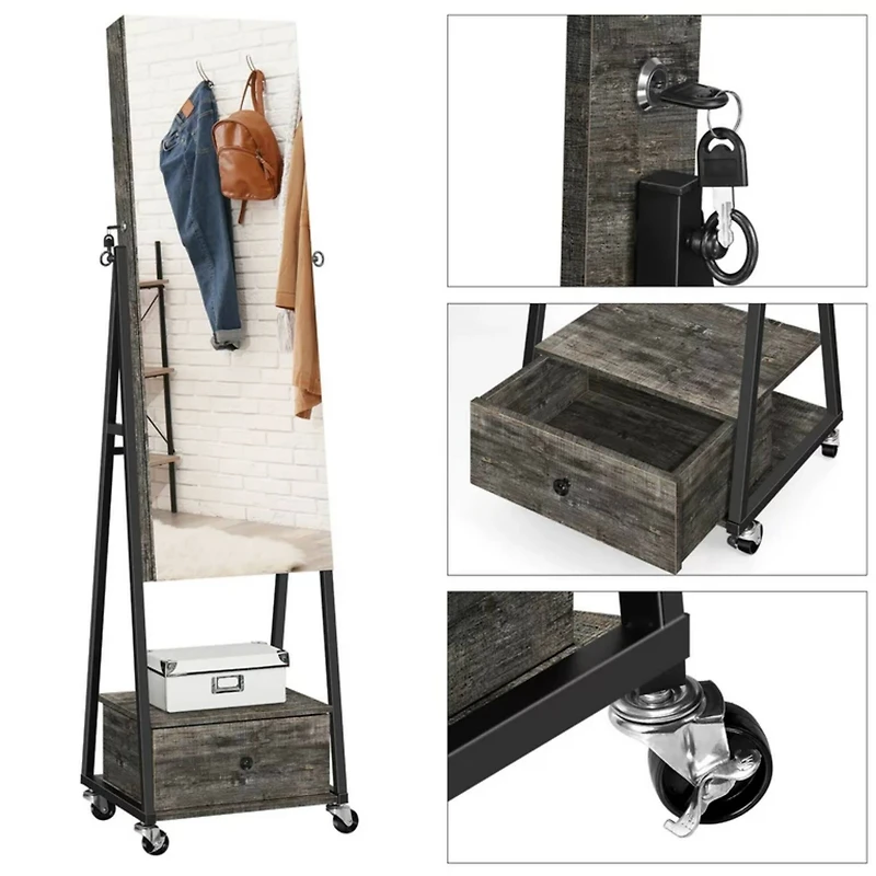 NEX™ 5ft. Dark Gray Jewelry Armoire on Casters with Chest Drawer