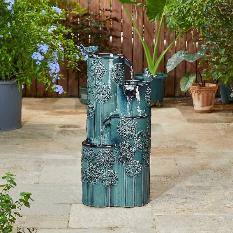 Glitzhome® 31.75" Turquoise 4-Tier Dandelion Texture Vase-Shaped Ceramic Outdoor Fountain with LED Light