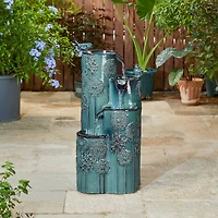 Glitzhome® 31.75" Turquoise 4-Tier Dandelion Texture Vase-Shaped Ceramic Outdoor Fountain with LED Light