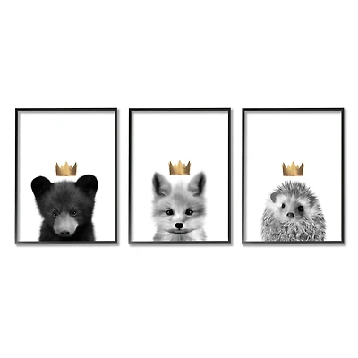 Stupell Industries Woodland Animals Bold Crowns Black Bear Fox Hedgehog Framed Wall Art