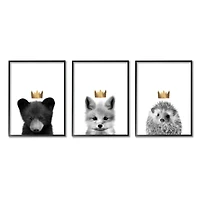 Stupell Industries Woodland Animals Bold Crowns Black Bear Fox Hedgehog Framed Wall Art