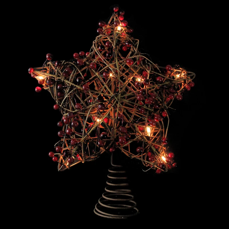 13.5" Brown Rattan With Red Berries Star Christmas Tree Topper, Clear Lights