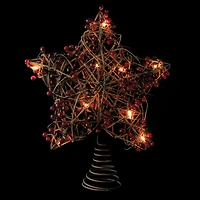 13.5" Brown Rattan With Red Berries Star Christmas Tree Topper, Clear Lights