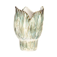 Hello Honey® 12" Green & White Pleated Sculptural Stoneware Vase with Reactive Glaze