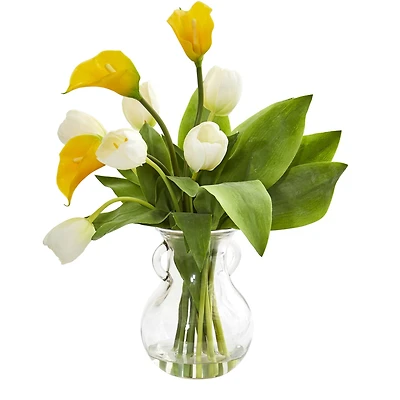 19" Calla Lily & Tulips Artificial Arrangement in Decorative Clear Vase