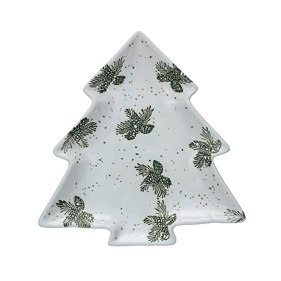 Hello Honey® 9" White Wax Relief Pinecone Stoneware Tree Plate with Gold Electroplating
