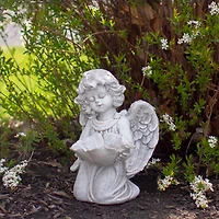 9.5" Heavenly Gardens Gray Distressed Kneeling Cherub Angel Bird Feeder Outdoor Garden Statue