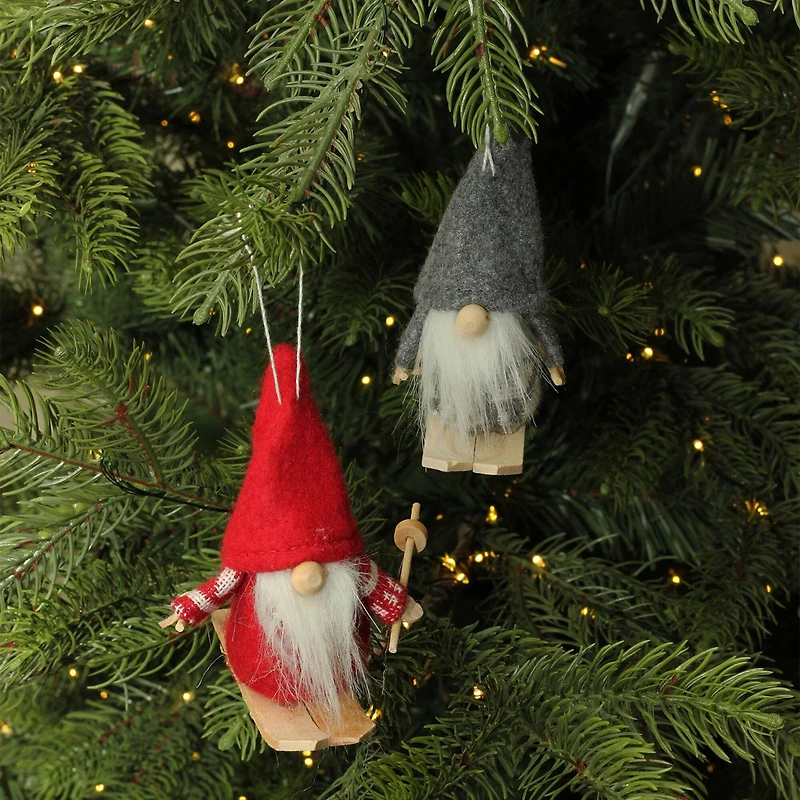 4" Gray & Red Skiing Santa Gnome Christmas Ornament Set