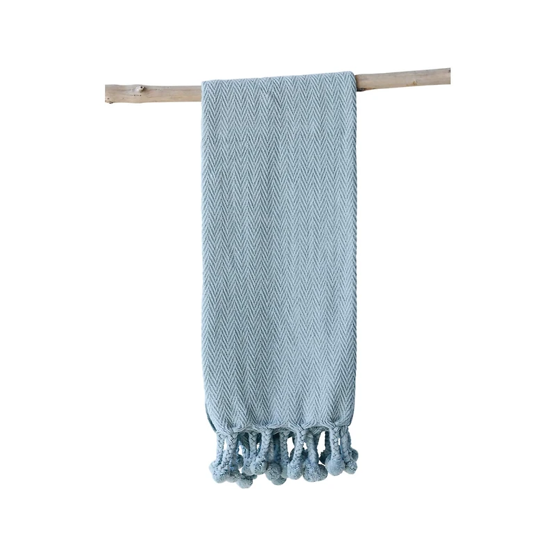 Hello Honey® Blue Cotton Throw with Pom Poms
