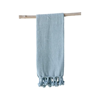 Hello Honey® Blue Cotton Throw with Pom Poms