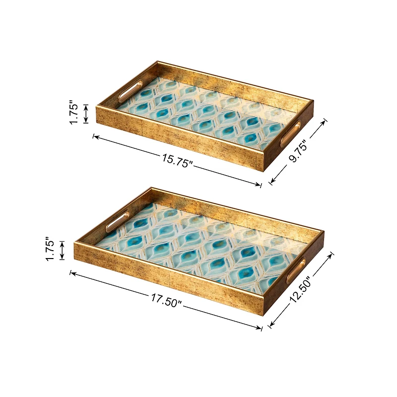 Glitzhome® Rectangle Peacock Feathers Patterned Decorative Trays Set