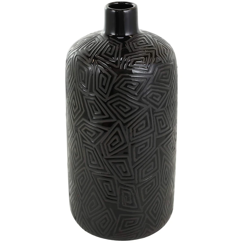 15" Black Geometric Etched Ceramic Vase