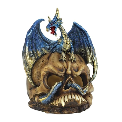 7" Blue Dragon Atop Light-Up LED Skull Statue