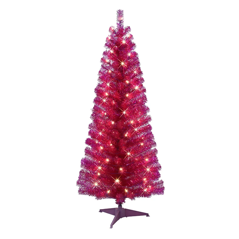 4.5ft. Pre-Lit Amaranth Tinsel Artificial Christmas Tree, Clear Lights