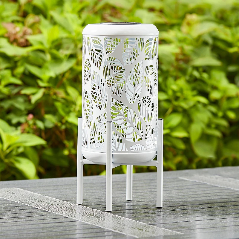 Glitzhome® 14.25" White Metal Cutout Leaves Pattern Solar Powered LED Outdoor Lantern