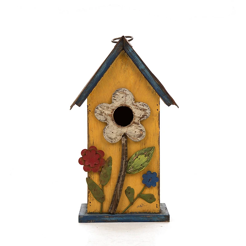 Glitzhome® Distressed Wooden Birdhouse with Flower