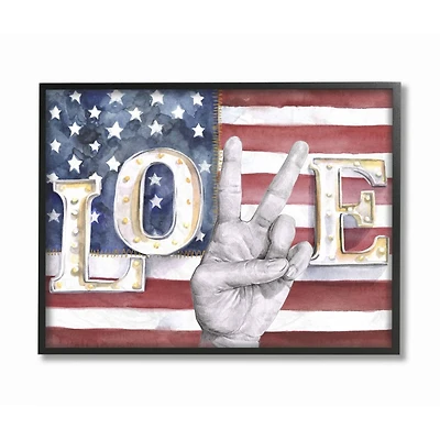 Stupell Industries Love Peace Sign Hand American Flag Design in Frame Wall Art