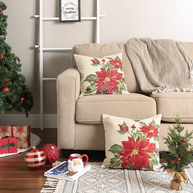 DII® Poinsettia Holly Embroidered Pillow Cover Set