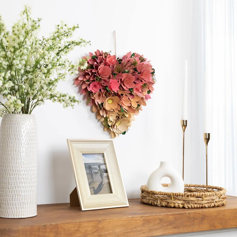 13" Pink & Yellow Mixed Floral & Foliage Artificial Valentine's Day Heart Wreath