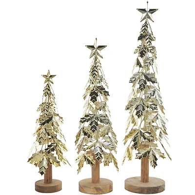 Gold Metal Layered Holly Leaf Christmas Tree Sculpture Set
