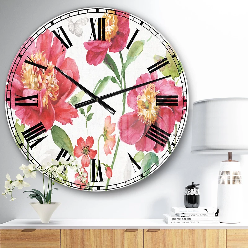 Designart 'Red Springflowers And Handpainted Butterfly Traditional Wall Clock