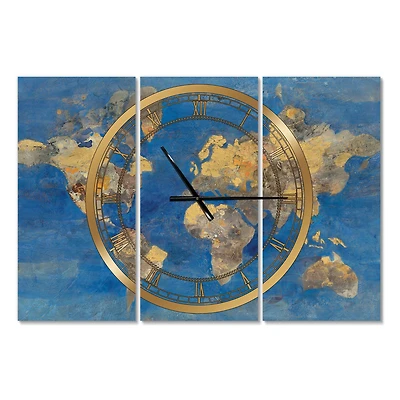 Designart Golden Glam World Map Traditional 3 Panel Wall Clock