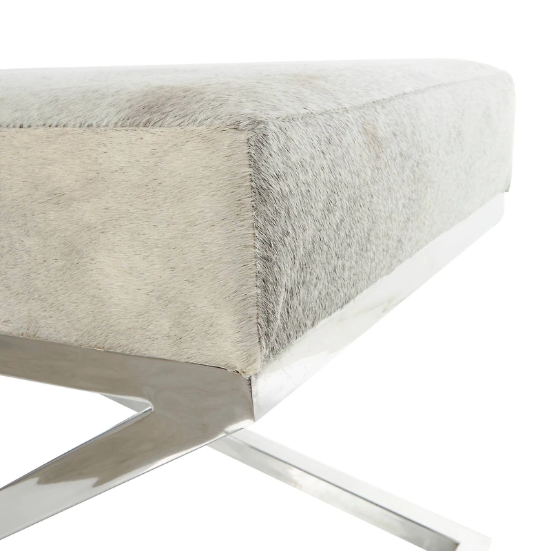 Light Gray Leather Geometric Bench with Angled Silver Metal Base
